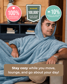 A man lounging on a couch wrapped in a plush hooded blanket, with promotional badges and text overlays highlighting customer satisfaction and environmental benefits.